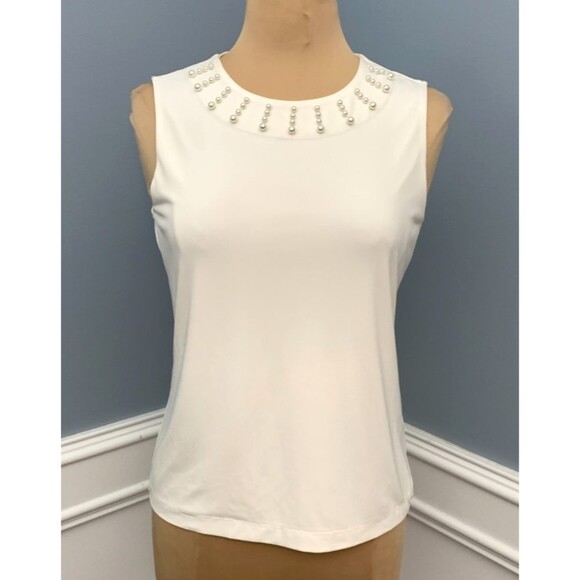 Karl Lagerfeld Top Womens S Sleeveless Pearl Embellished Knit Blouse Shirt - Picture 1 of 7